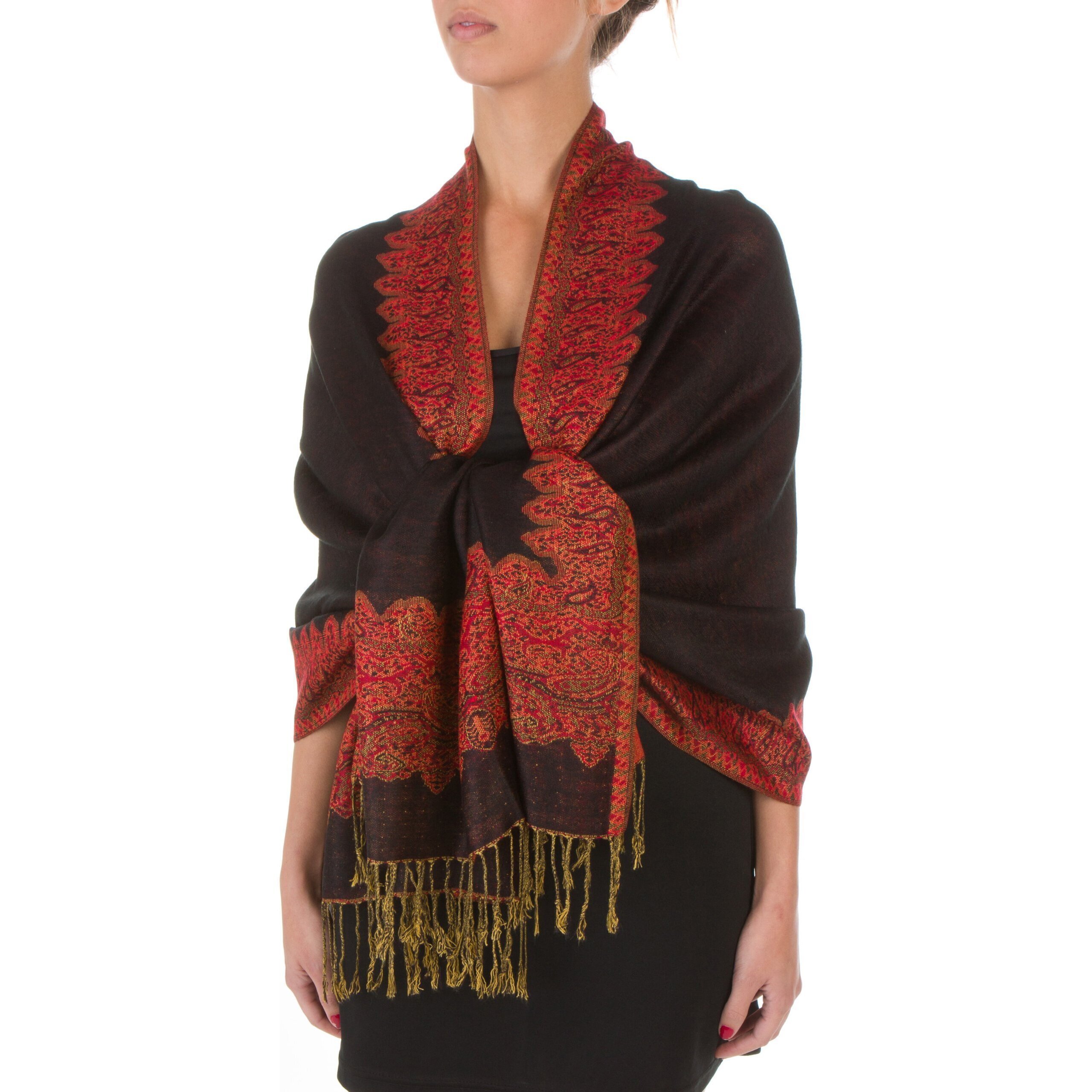 5242 Border Pattern Layered Reversible Woven Pashmina Shawl Scarf Wrap